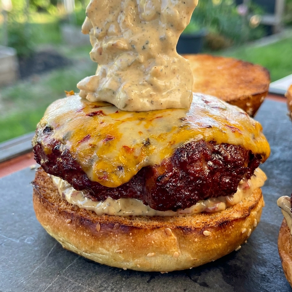Une grosse cuillérée de sauce épaisse au bacon ajoutée directement sur le fromage fondu du steak fumé posé sur son pain.