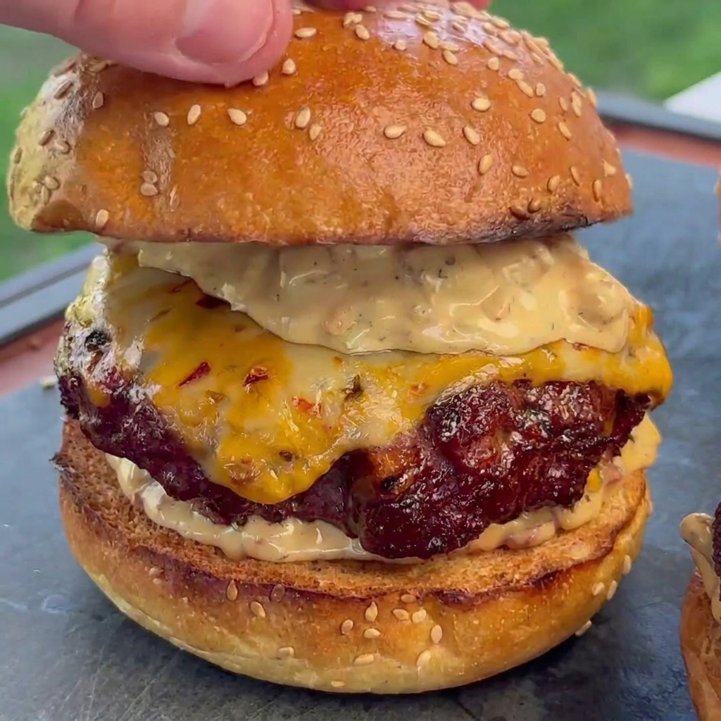 Une main posant le chapeau dun pain burger au sésame toasté sur le steak juteux nappé de fromage fondu et de sauce au bacon.