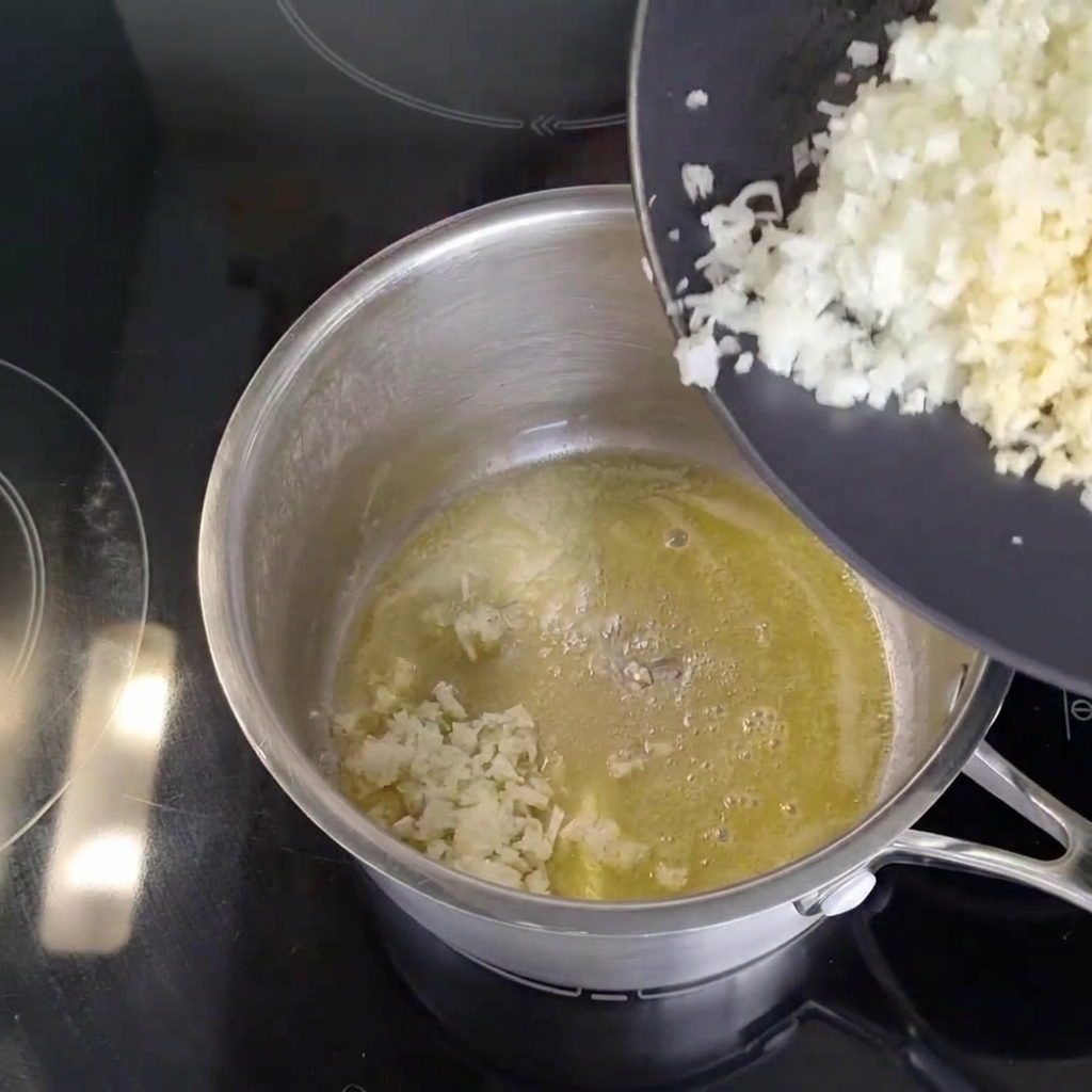 Des oignons et de lail finement hachés glissant dune assiette noire vers une casserole contenant du beurre fondu.