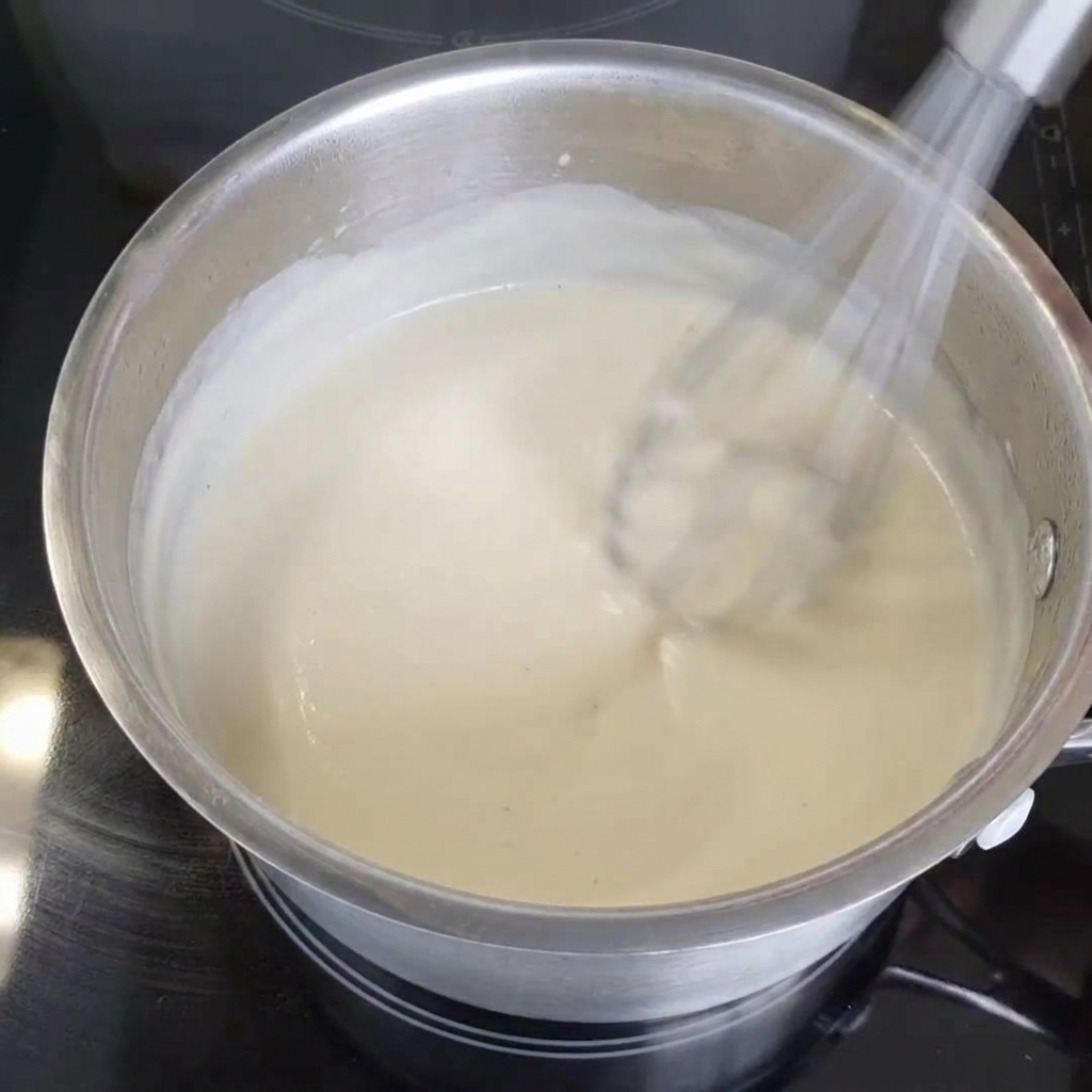 Un fouet métallique remuant rapidement une sauce blanche lisse et crémeuse dans une petite casserole en inox posée sur une plaque à induction.