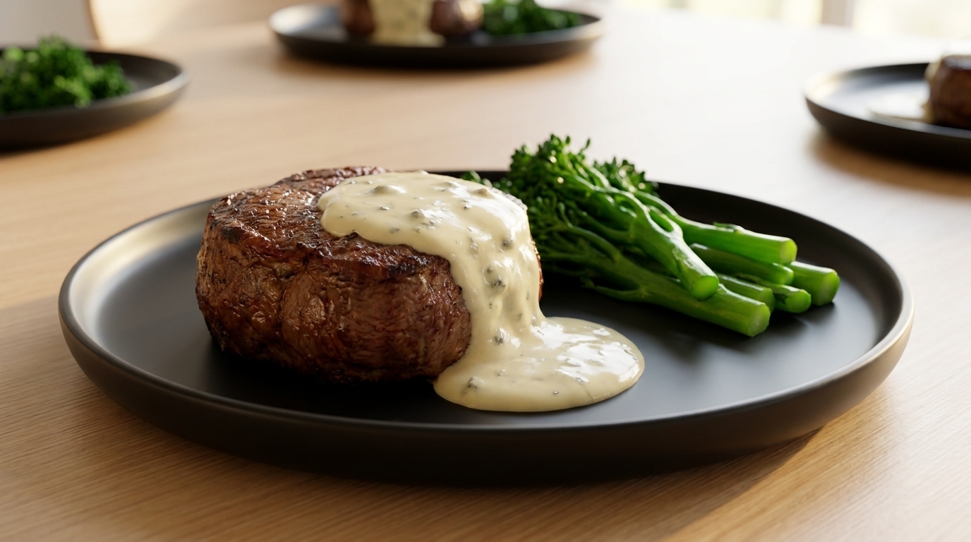 Un filet mignon parfaitement saisi nappé dune onctueuse sauce au fromage bleu, servi avec des brocolis cuits à la vapeur.