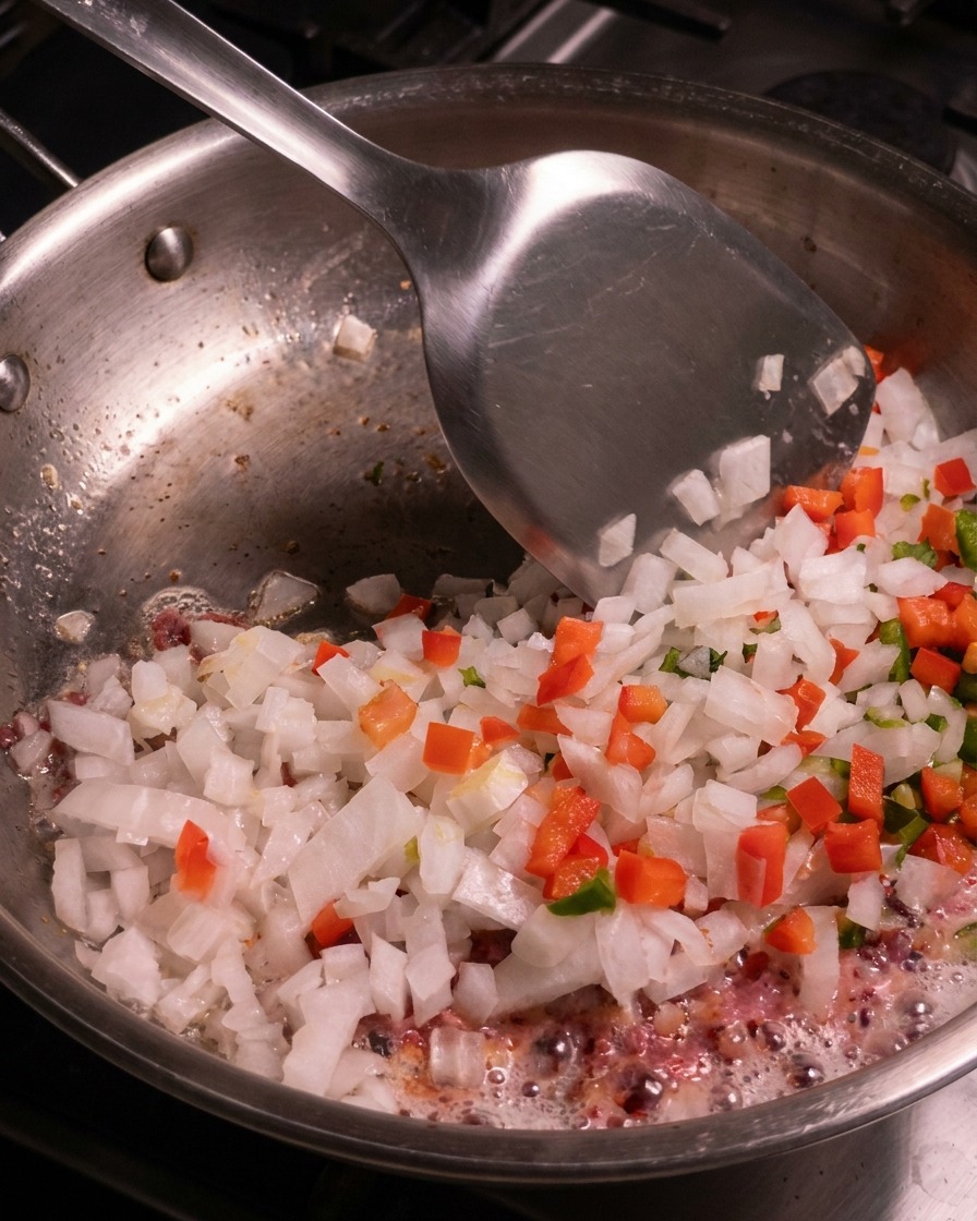 Une spatule métallique remuant un mélange coloré doignons en dés, de piments et de bacon cuisant ensemble dans une poêle en acier inoxydable.
