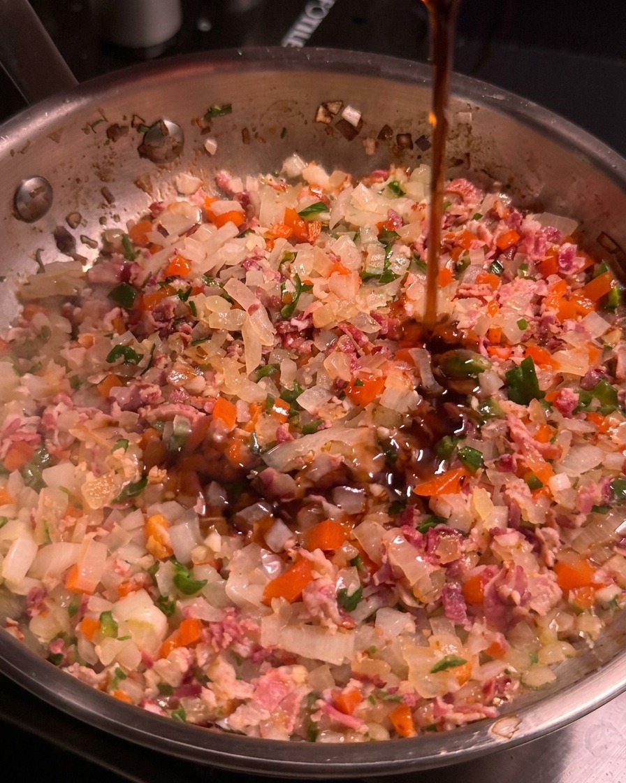 Sirop dérable versé dans une poêle en acier inoxydable contenant du bacon haché, des oignons et des piments.