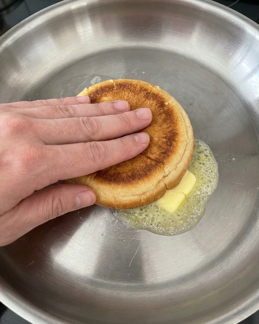 Une main pressant une moitié de pain à burger face coupée vers le bas dans du beurre fondu moussant à lintérieur dune poêle à frire en acier inoxydable.