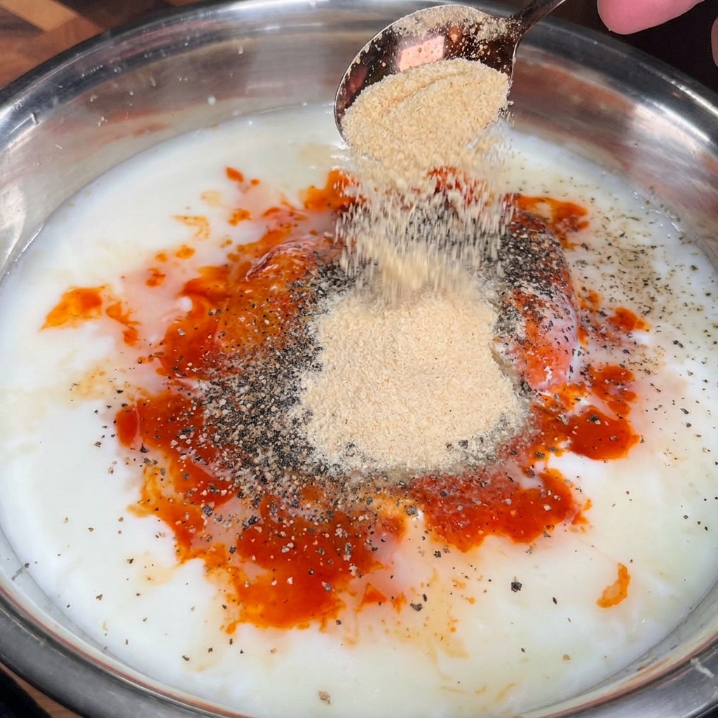 Une cuillerée dail et doignon en poudre ajoutée dans un grand bol rempli de hauts de cuisse de poulet, de babeurre, dépices et de sauce piquante rouge vif.