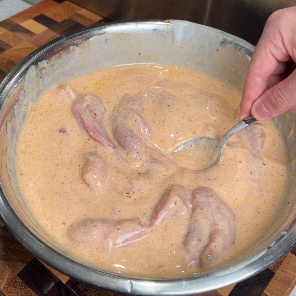 Une main utilisant une cuillère pour mélanger la marinade au babeurre épicé autour des morceaux de poulet crus dans un bol en inox.