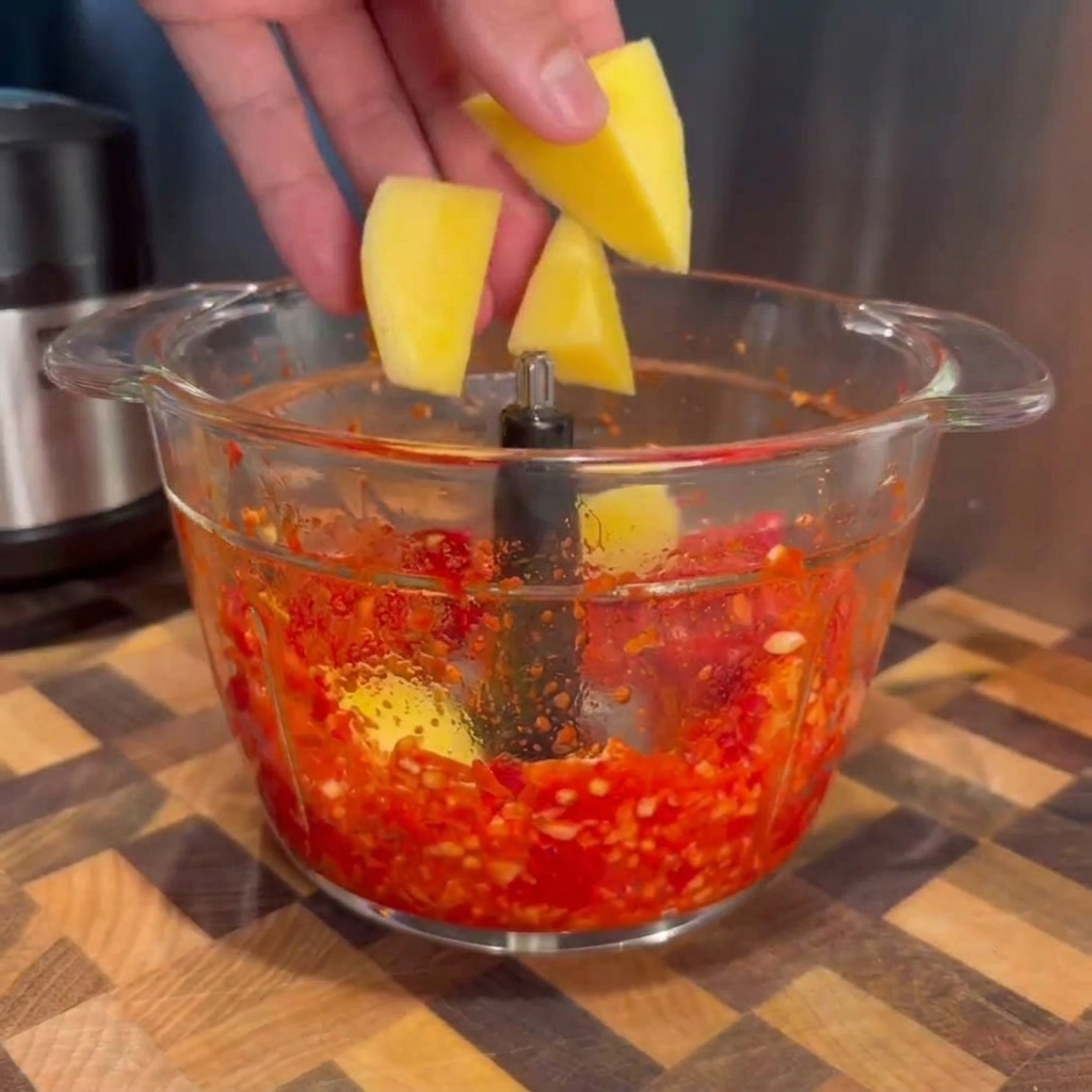 Morceaux de mangue jaune fraîche ajoutés dans un robot culinaire contenant une pâte de piment rouge éclatante.