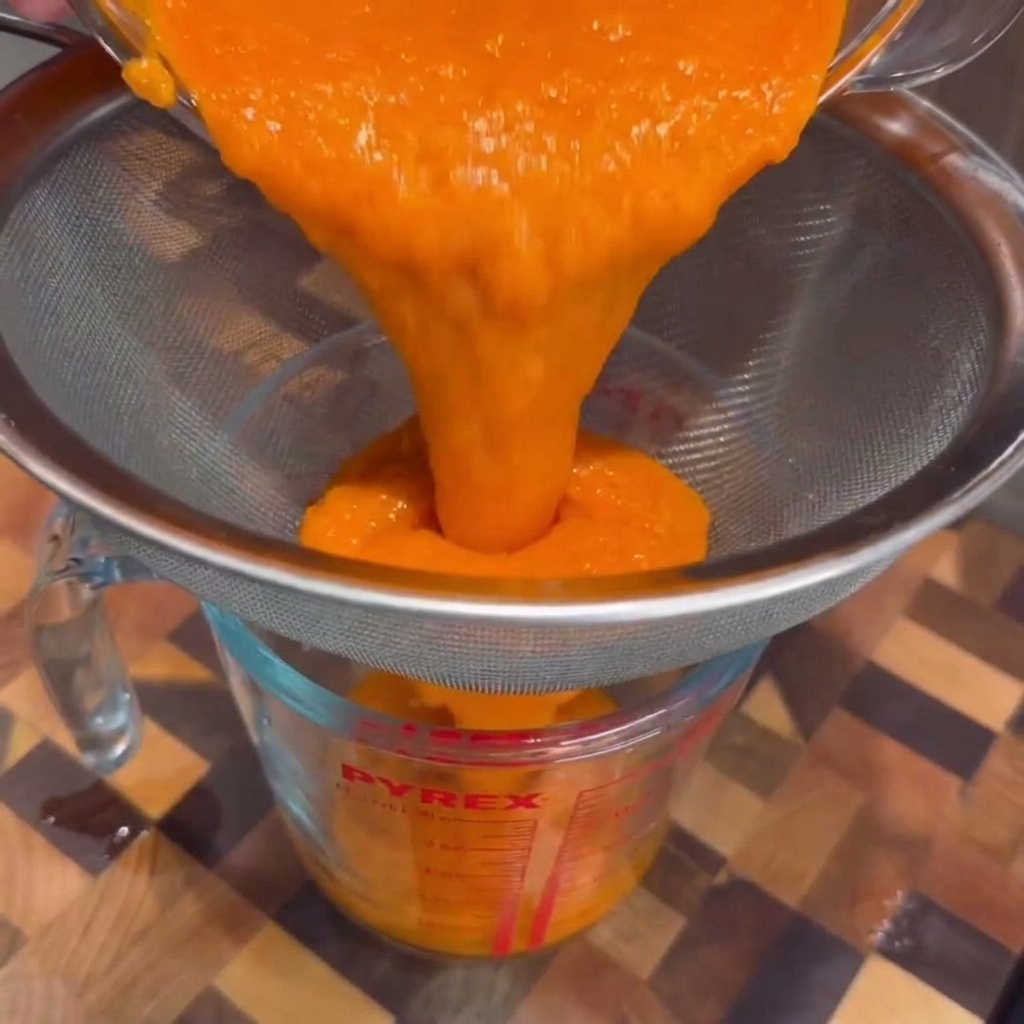 Sauce piquante lisse et orange vif versée et filtrée à travers un tamis métallique fin dans un verre doseur en verre transparent.