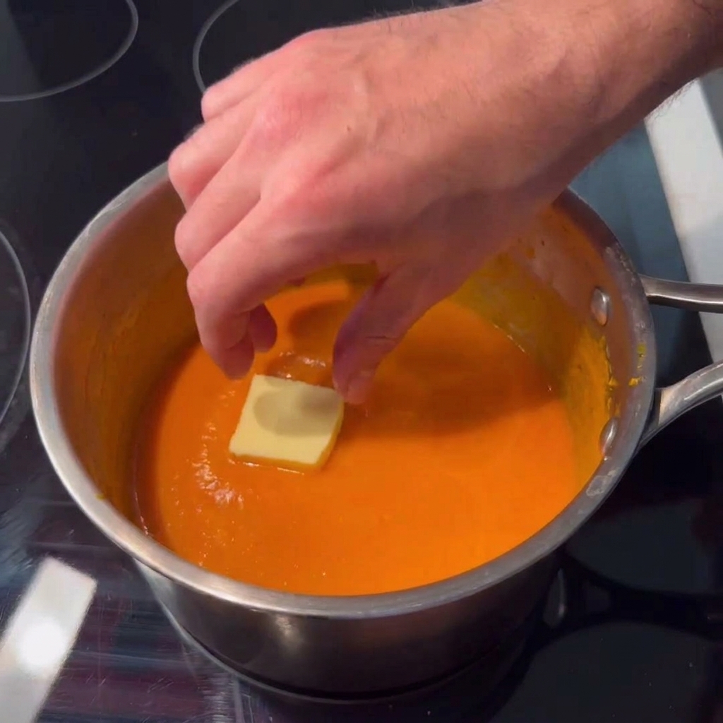 Une main déposant un morceau épais de beurre dans une sauce piquante orange qui mijote dans une casserole en acier inoxydable.