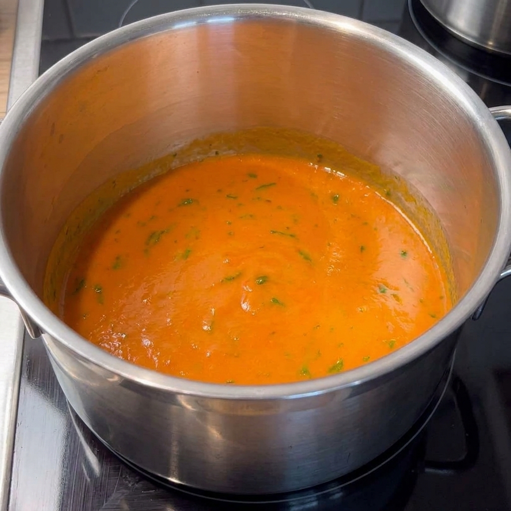 Une casserole en acier inoxydable remplie dune sauce Buffalo orange riche et brillante parsemée de ciboulette verte finement hachée, posée sur une table de cuisson.