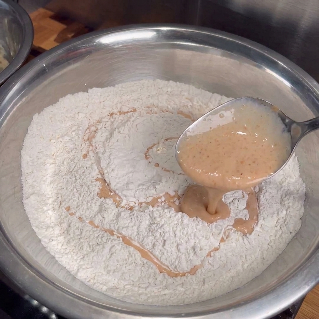 Une cuillère en métal faisant couler de la marinade crémeuse au babeurre orange dans un grand bol de farine blanche pour former des petits grumeaux de farine.
