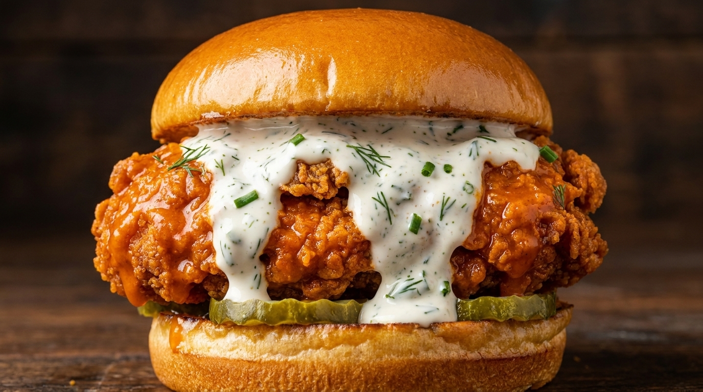 Un burger de poulet frit Buffalo gourmet avec un haut de cuisse ultra-croustillant enrobé dune sauce piquante orange vif, surmonté de ranch maison à laneth dans un pain brioché toasté.