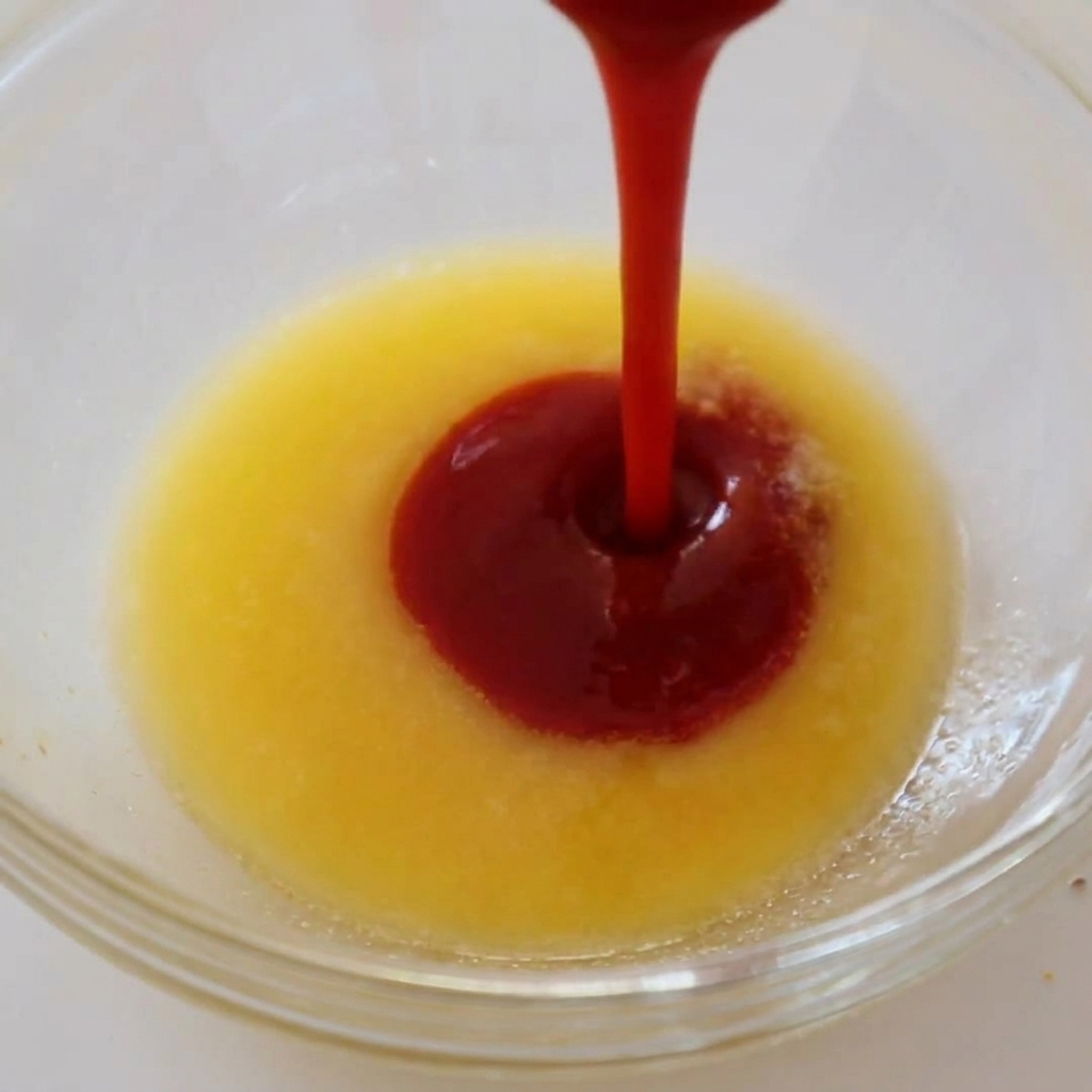 Un filet de sauce buffalo rouge vif versé dans un bol transparent contenant du beurre fondu.