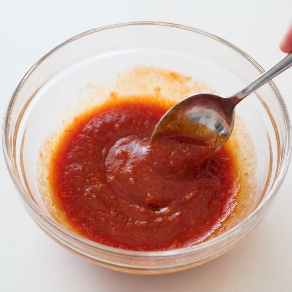 Une cuillère en métal remuant une sauce buffalo rouge vif dans un bol en verre transparent pour mélanger les ingrédients.