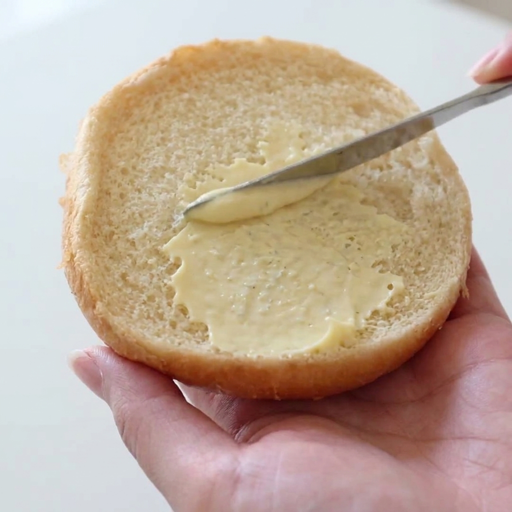 Une main tenant la moitié dun pain à burger pendant quun couteau à beurre étale une couche lisse de mayonnaise.