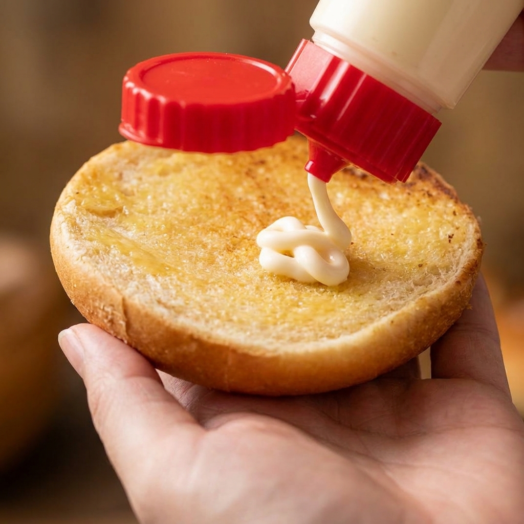 Une main pressant une bouteille de mayonnaise au-dessus dun pain à burger doré tenu dans le creux de la main.