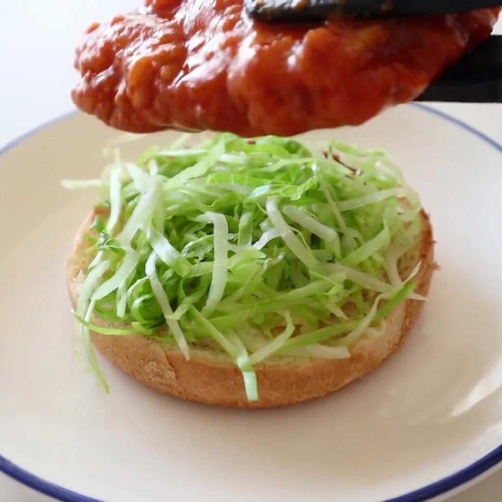 Des pinces noires tenant un filet de poulet frit couvert de sauce juste au-dessus dun pain à burger garni de laitue.