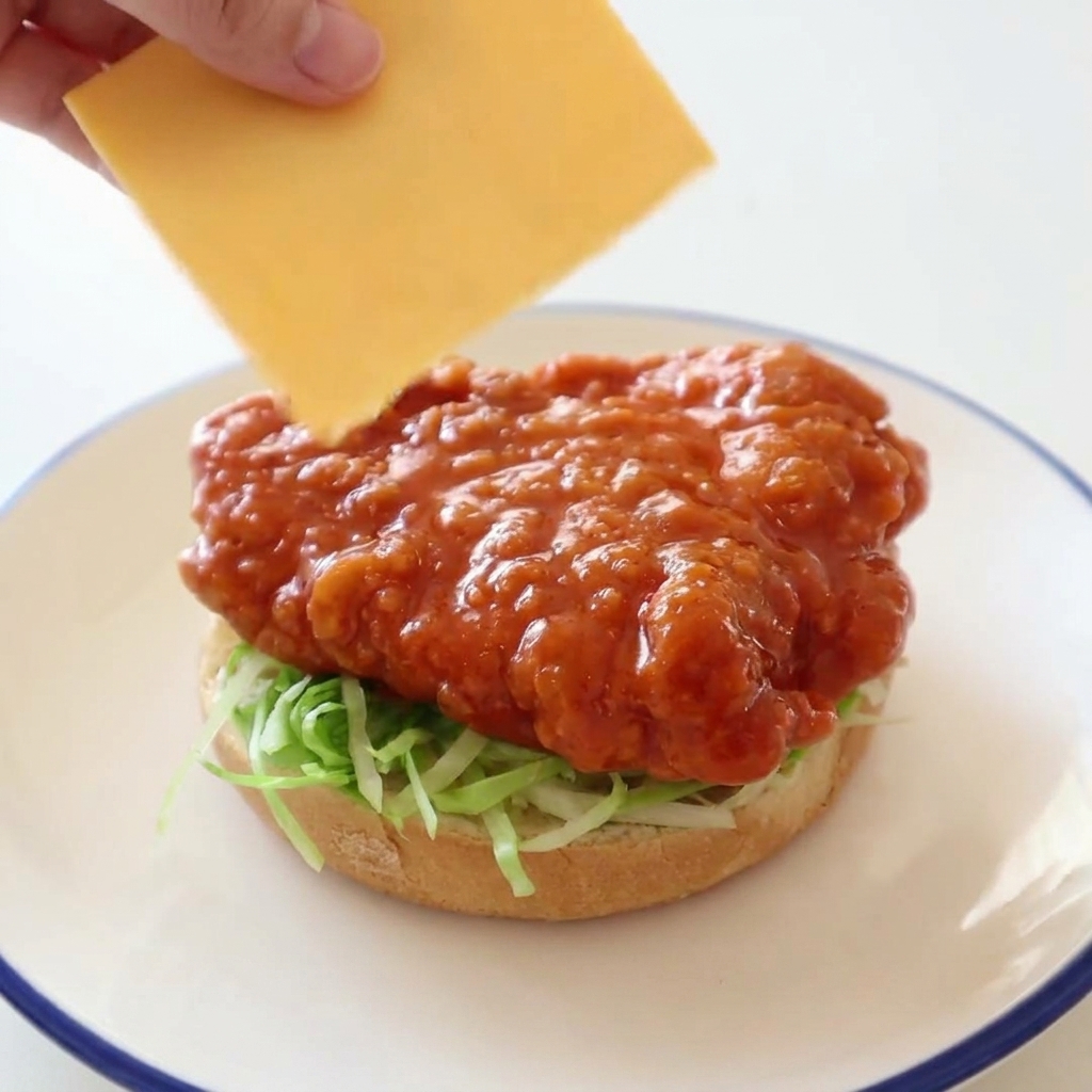 Une main abaissant une tranche de fromage cheddar sur un filet de poulet frit enrobé de sauce buffalo, sur un pain toasté.