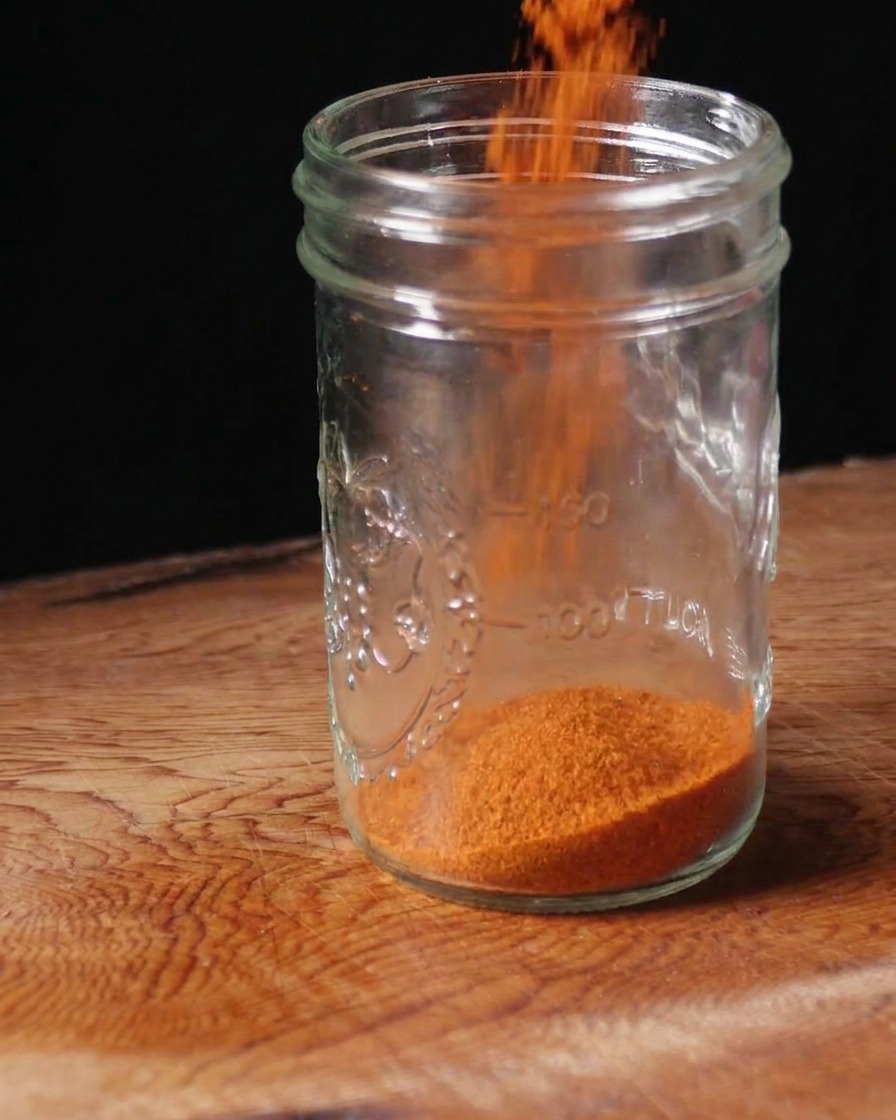 Poudre de paprika doux versée dans un bocal en verre transparent sur une surface en bois.