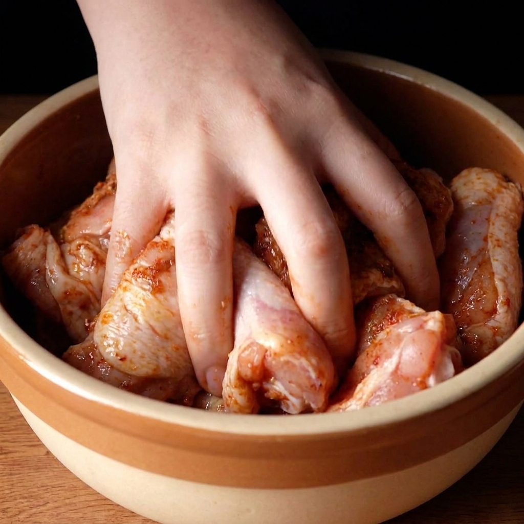 Une main massant et frottant soigneusement une marinade dépices cajun rougeâtres sur des hauts de cuisse de poulet crus dans un bol en céramique.