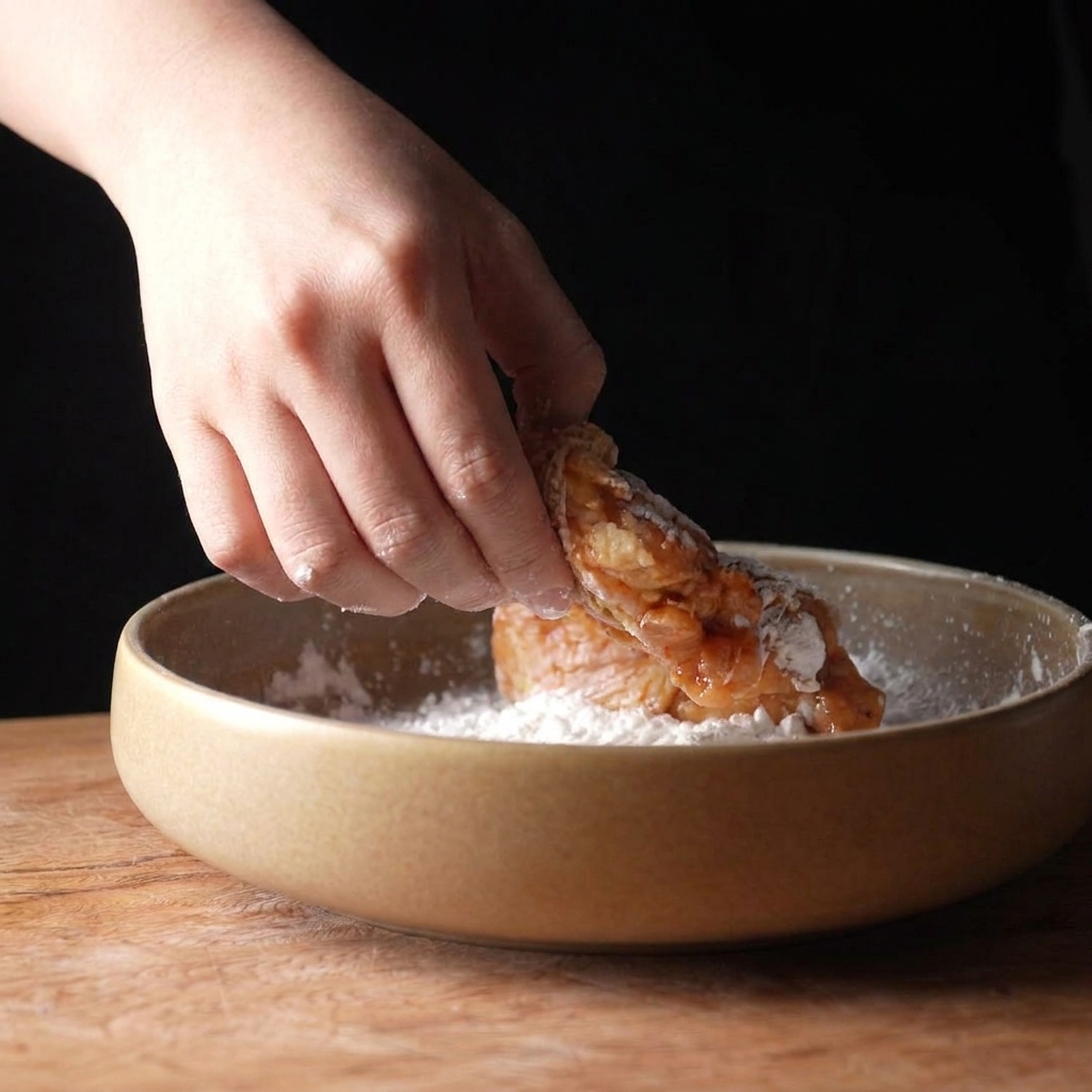 Une main trempant un haut de cuisse de poulet assaisonné dans une assiette creuse de fécule de maïs pour lui donner un léger enrobage.