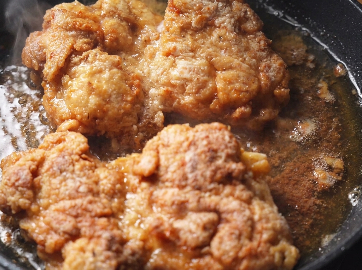 Hauts de cuisse de poulet saisissant dans une huile frémissante à lintérieur dune poêle, devenant bien dorés et croustillants.