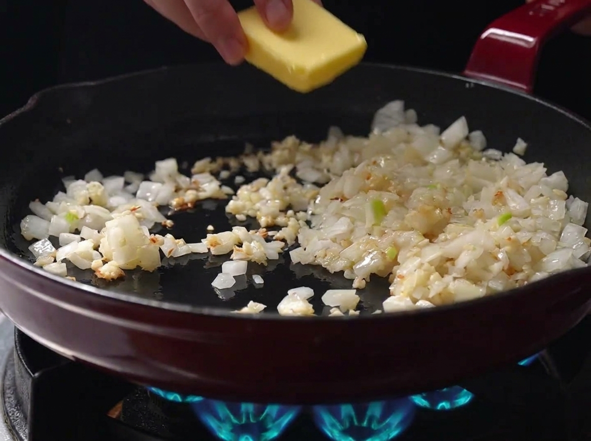 Une main déposant un morceau de beurre jaune directement dans une poêle remplie doignons et dail sautés sur une flamme de gaz bleue.