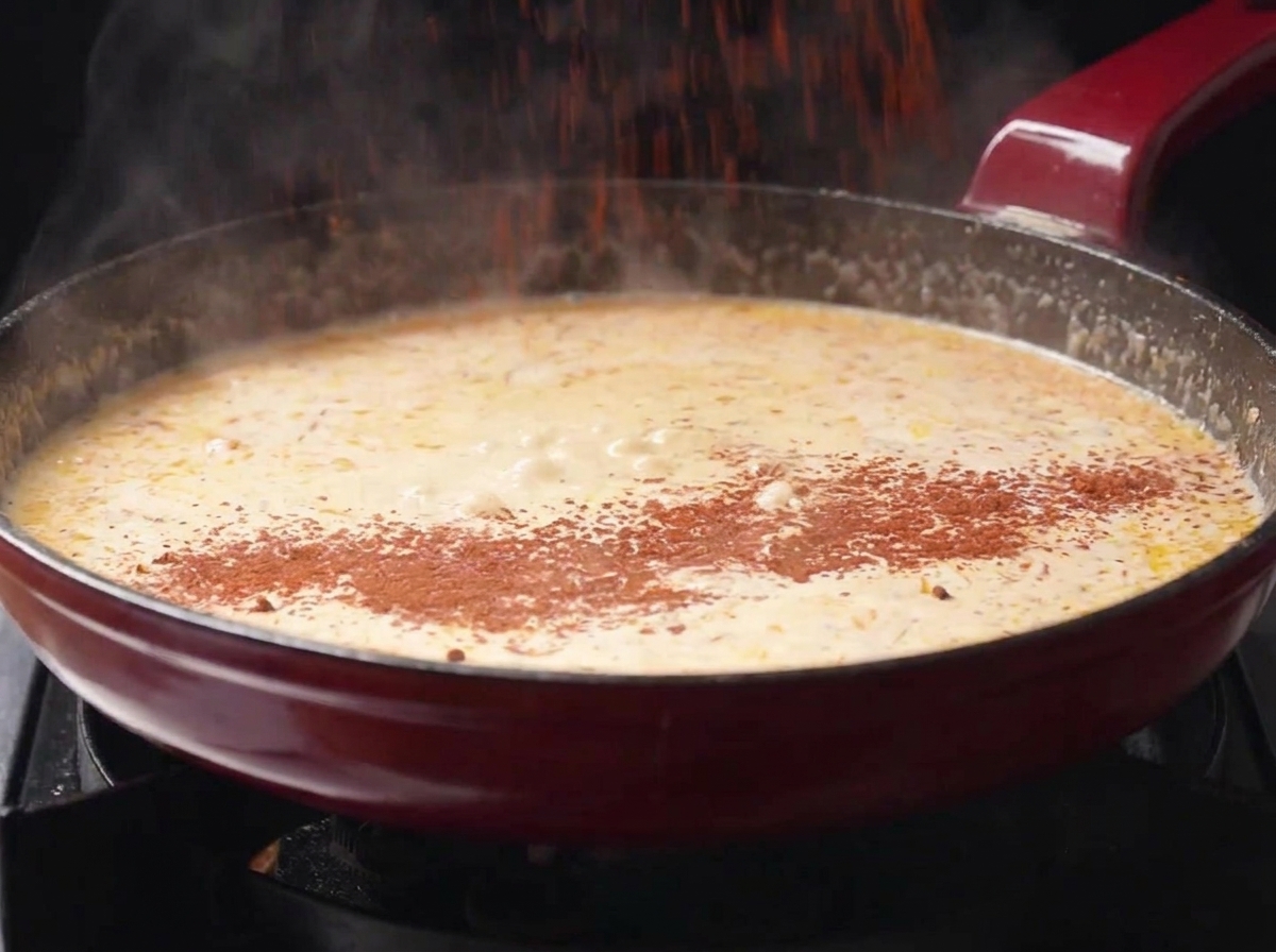 Piment en poudre saupoudré dans une sauce à la crème frémissante à lintérieur dune poêle rouge.