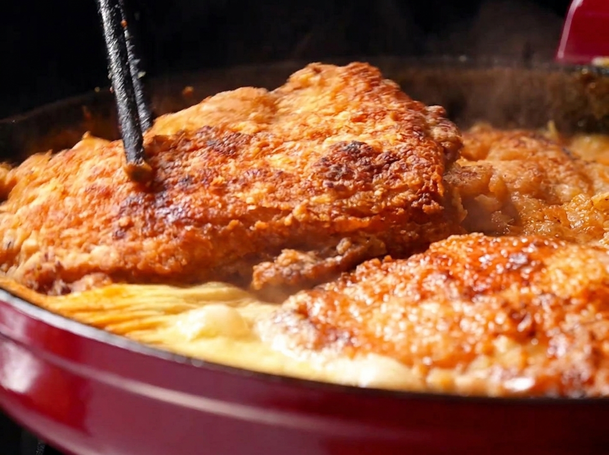 Hauts de cuisse de poulet croustillants et dorés replacés à laide de baguettes dans une poêle rouge remplie dune sauce crème riche de couleur orange et frémissante.