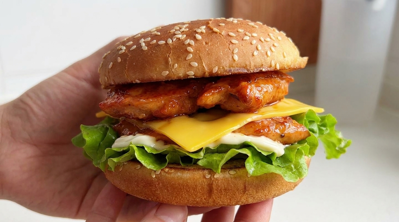 Un burger au poulet dOrléans fraîchement assemblé, laissant apparaître un filet de poulet doré, du fromage fondu et de la laitue croquante dans un pain au sésame toasté.