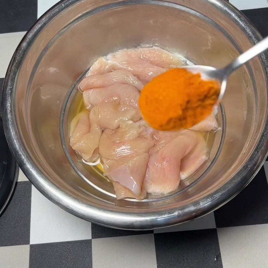 Une cuillère en métal versant une poudre dépices orange vif au-dessus dun bol contenant le poulet, un œuf entier et des assaisonnements liquides.
