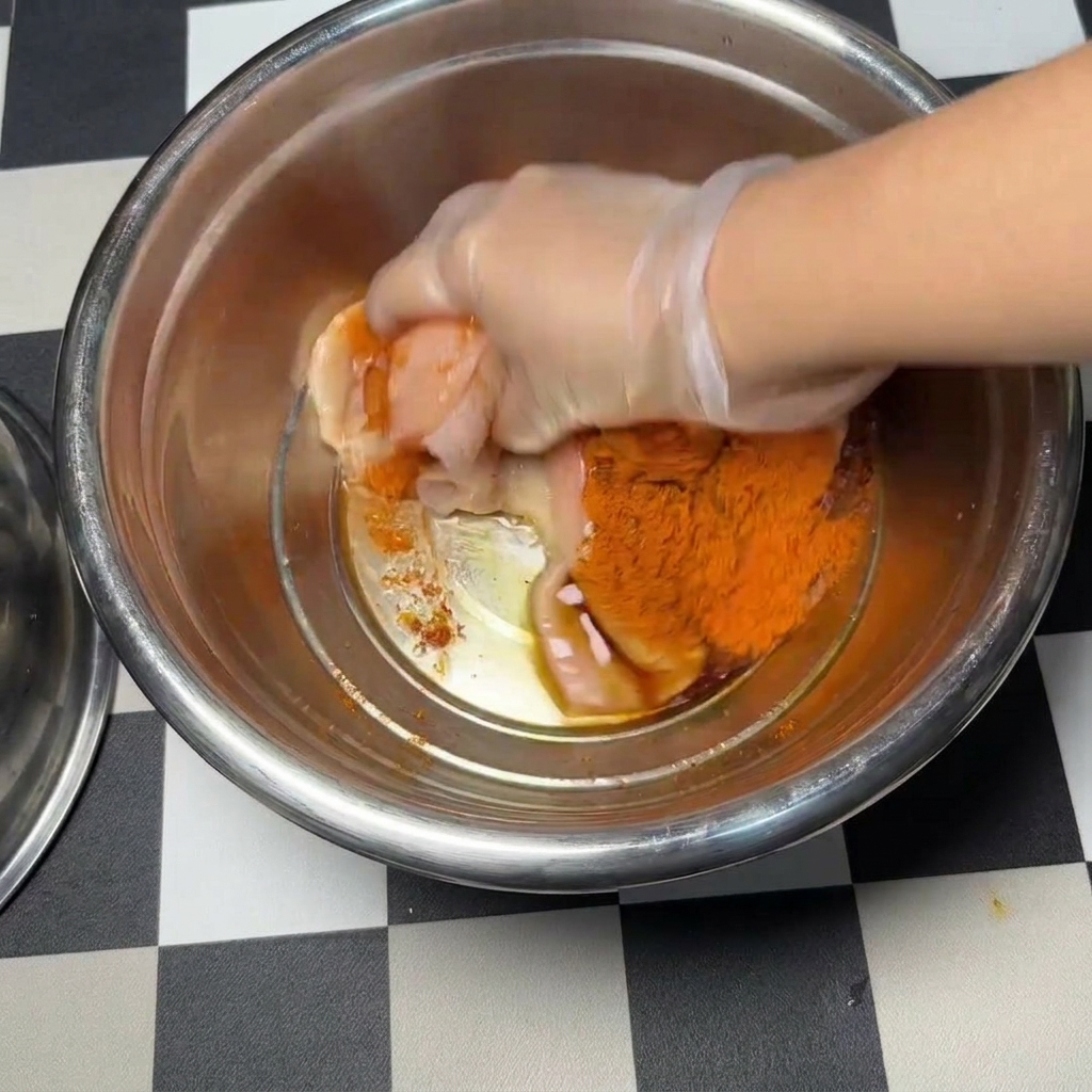Une main avec un gant en plastique transparent massant les escalopes de poulet dans un bol pour bien les enrober dune marinade orange-rouge.