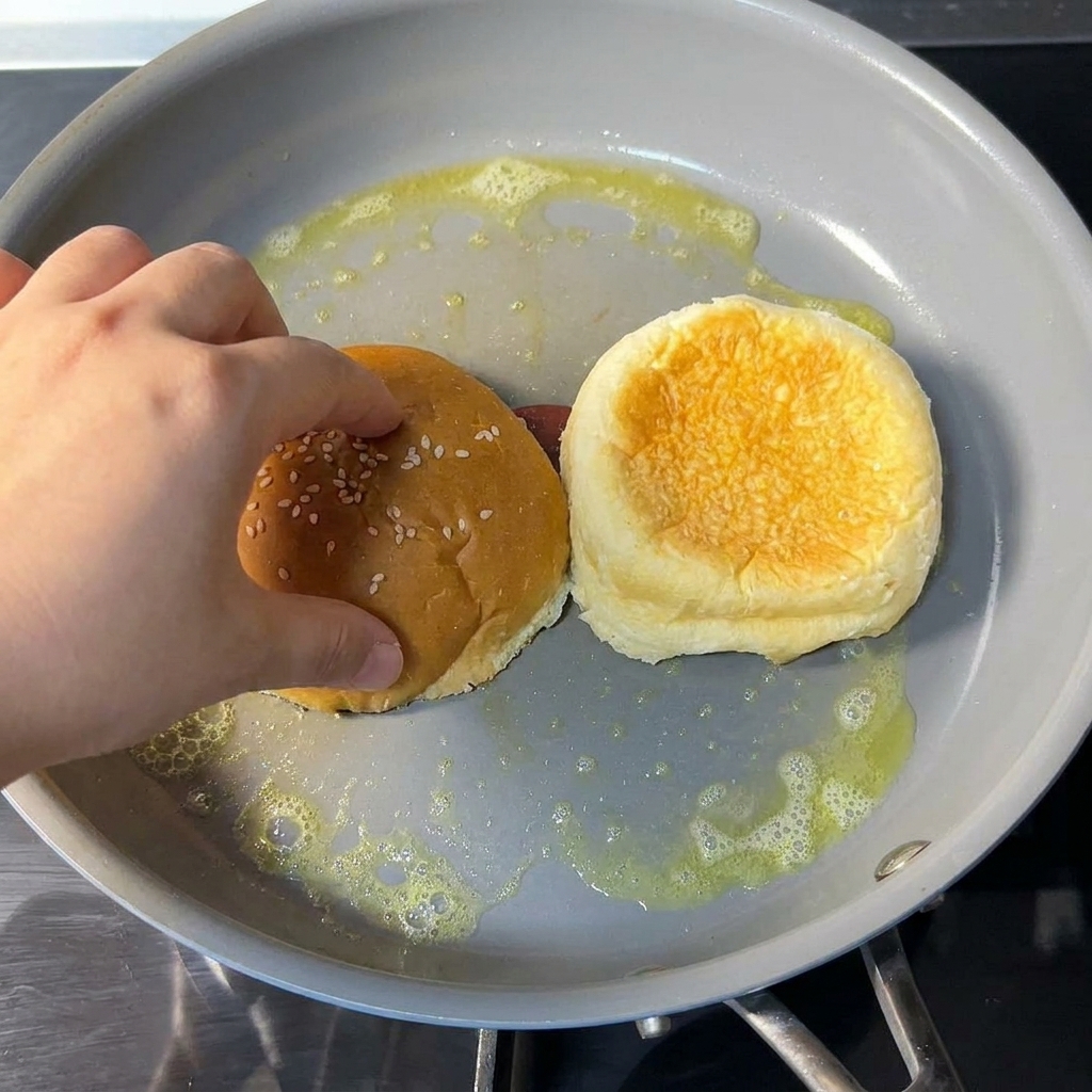 Une main déposant un pain à burger au sésame face coupée vers le bas dans une poêle antiadhésive où du beurre fondu frémit.