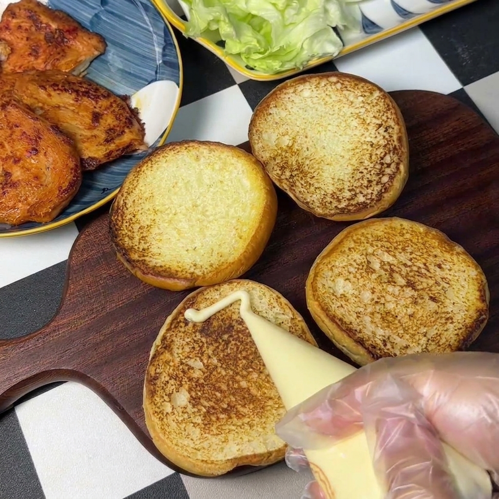 Une main gantée appliquant une mayonnaise blanche crémeuse en zigzag sur des pains à burger dorés disposés sur une planche en bois.