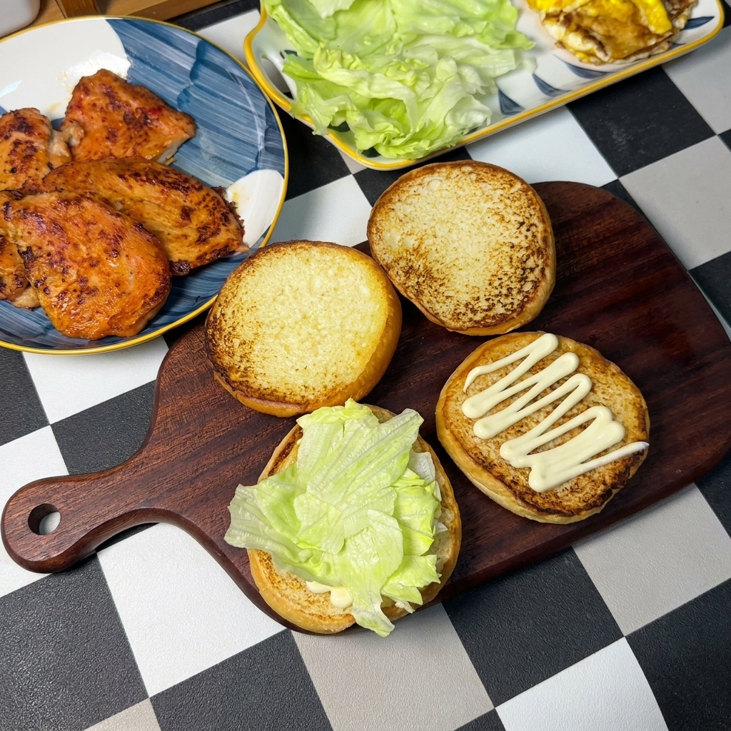 Des feuilles de laitue verde posées sur les pains à burger avec la mayonnaise, à côté dassiettes contenant les escalopes de poulet et les œufs au plat.