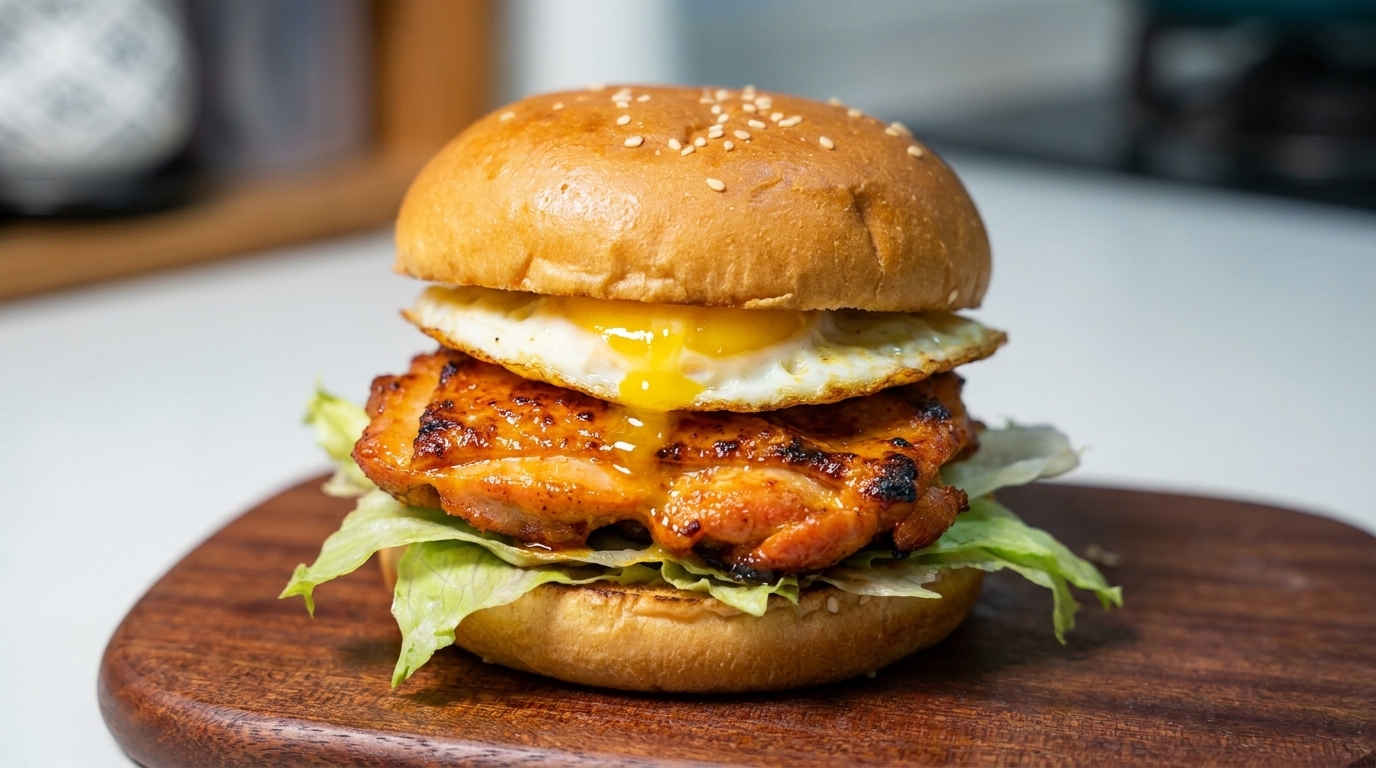 Burger de poulet style Orléans et son œuf au plat