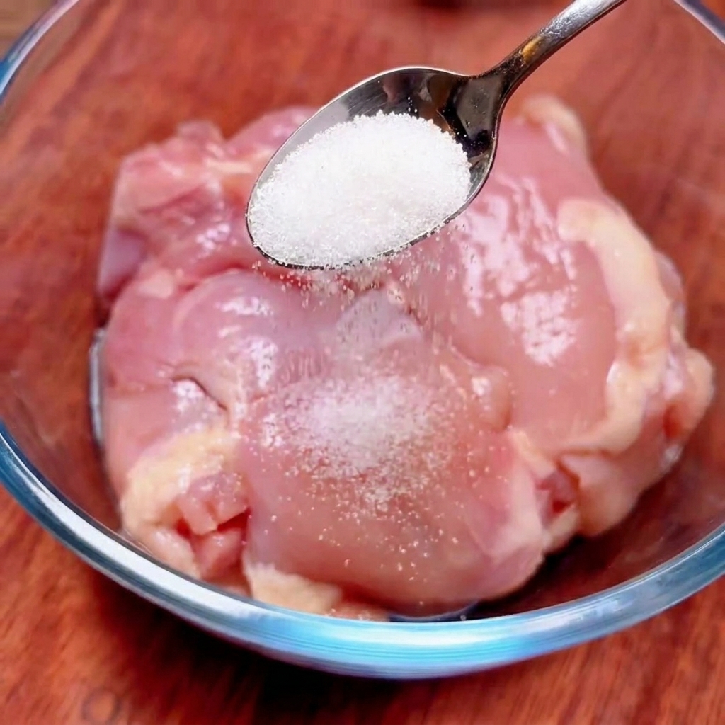 Une cuillère en métal saupoudrant du sel fin sur des hauts de cuisse de poulet crus dans un bol en verre transparent.