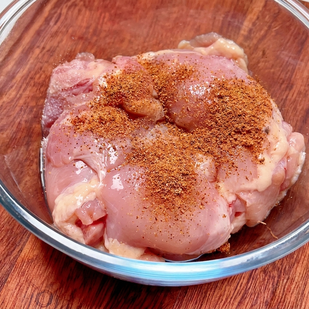 De la poudre dépices cajun brun-rouge généreusement saupoudrée sur des hauts de cuisse de poulet crus dans un bol en verre.