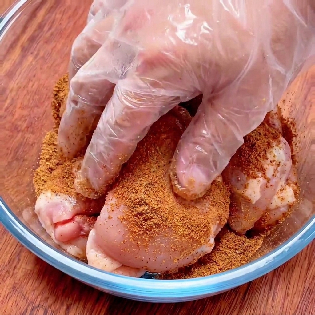 Une main avec un gant en plastique transparent frottant et enrobant des hauts de cuisse de poulet de mélange cajun dans un bol en verre.