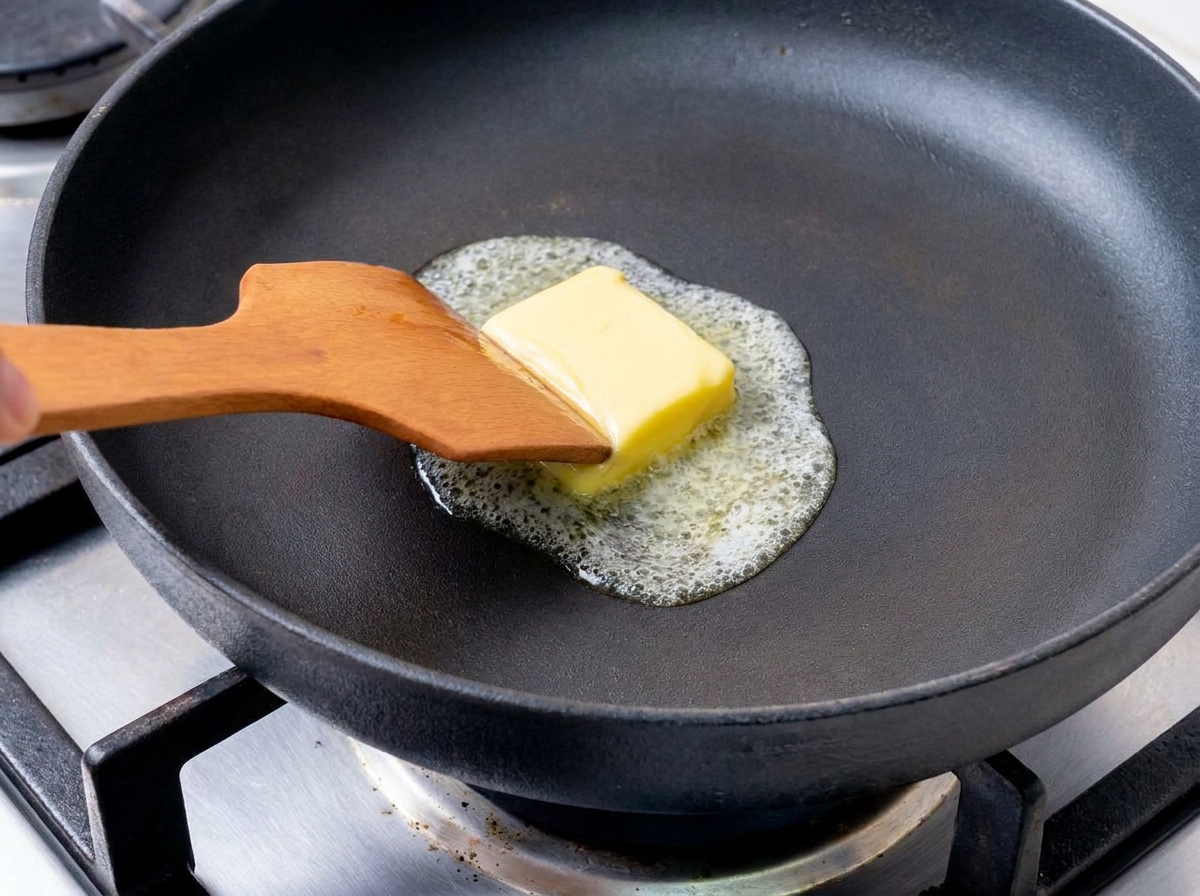 Un morceau de beurre jaune de forme carrée qui fond et mousse dans une poêle noire, remué avec une spatule en bois.