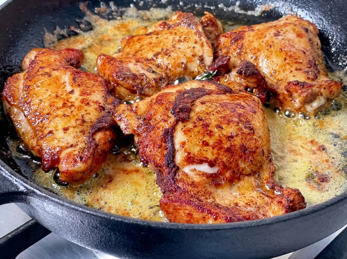 Quatre hauts de cuisse de poulet assaisonnés cuisant côté peau vers le haut dans un bain de beurre fondu frémissant dans une poêle en fonte, montrant une croûte dorée foncée.