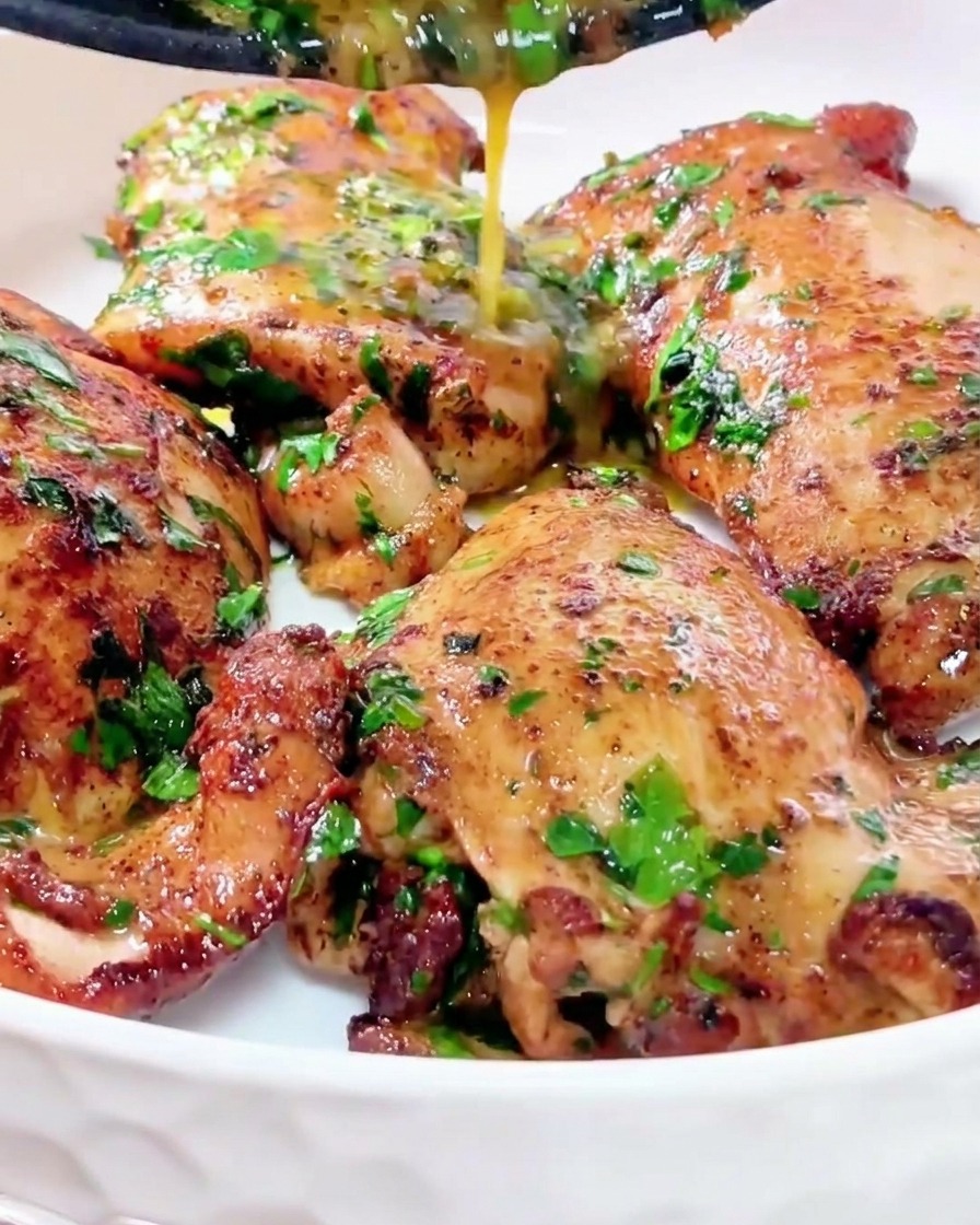 Un filet de sauce au beurre doré brillant mélangé à des herbes vertes versé depuis une poêle sur des hauts de cuisse de poulet juteux et dorés dans un bol blanc propre.