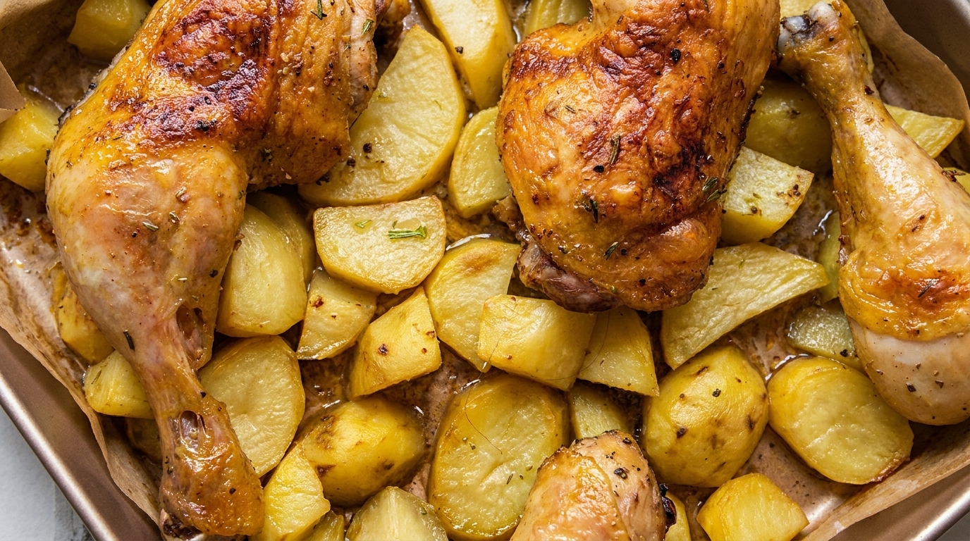 Cuisses de poulet rôties bien croustillantes servies sur un lit de pommes de terre dorées et fondantes.
