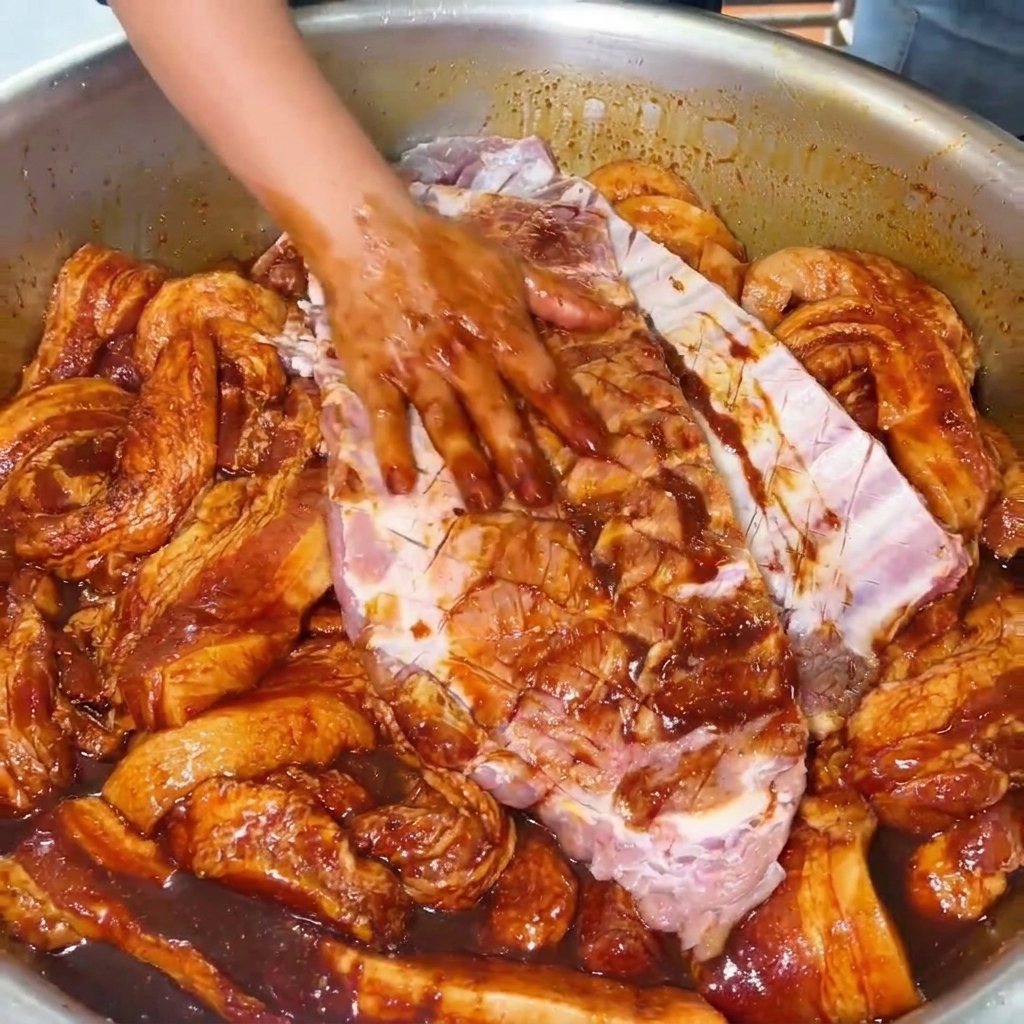 Une main massant soigneusement une marinade sombre et riche sur un grand morceau de travers de porc entaillé dans un récipient en inox.