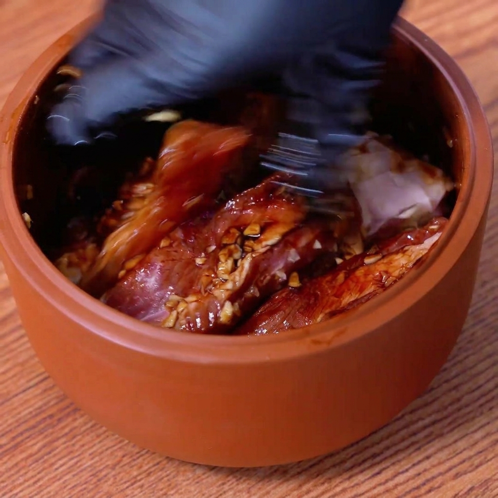 Une main gantée mélangeant soigneusement les ribs de porc crus avec lail et les sauces dans un bol marron.