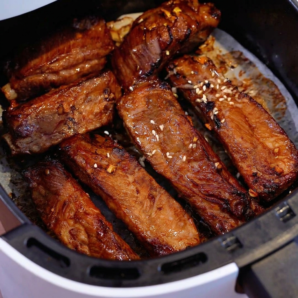 Ribs au miel bien dorés et brillants dans le panier du Air Fryer, parsemés de graines de sésame blanc.