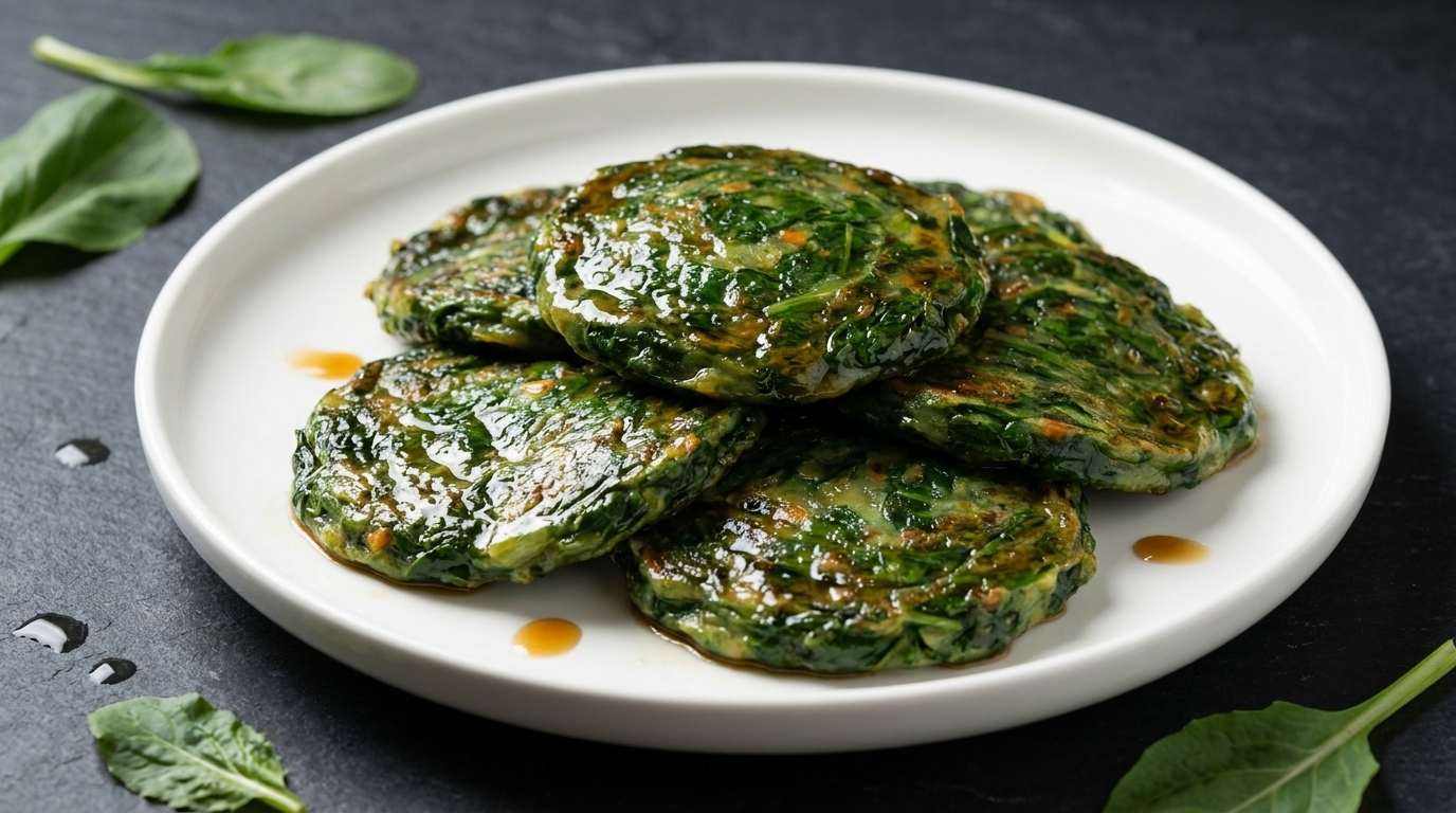 Une assiette de galettes de légumes de Kunshan, dun vert éclatant, joliment empilées.