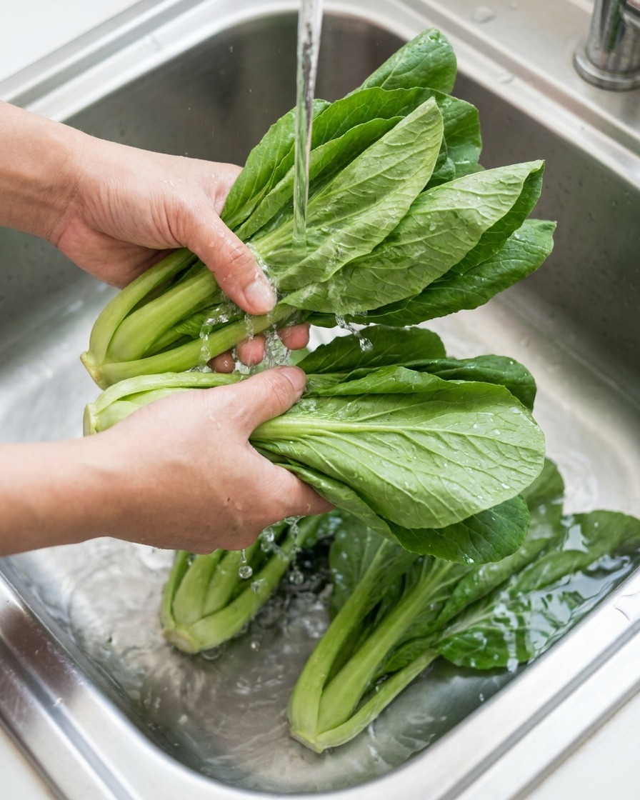 Mains lavant des légumes verts frais de type pak choi sous un filet deau froide dans un évier en métal.