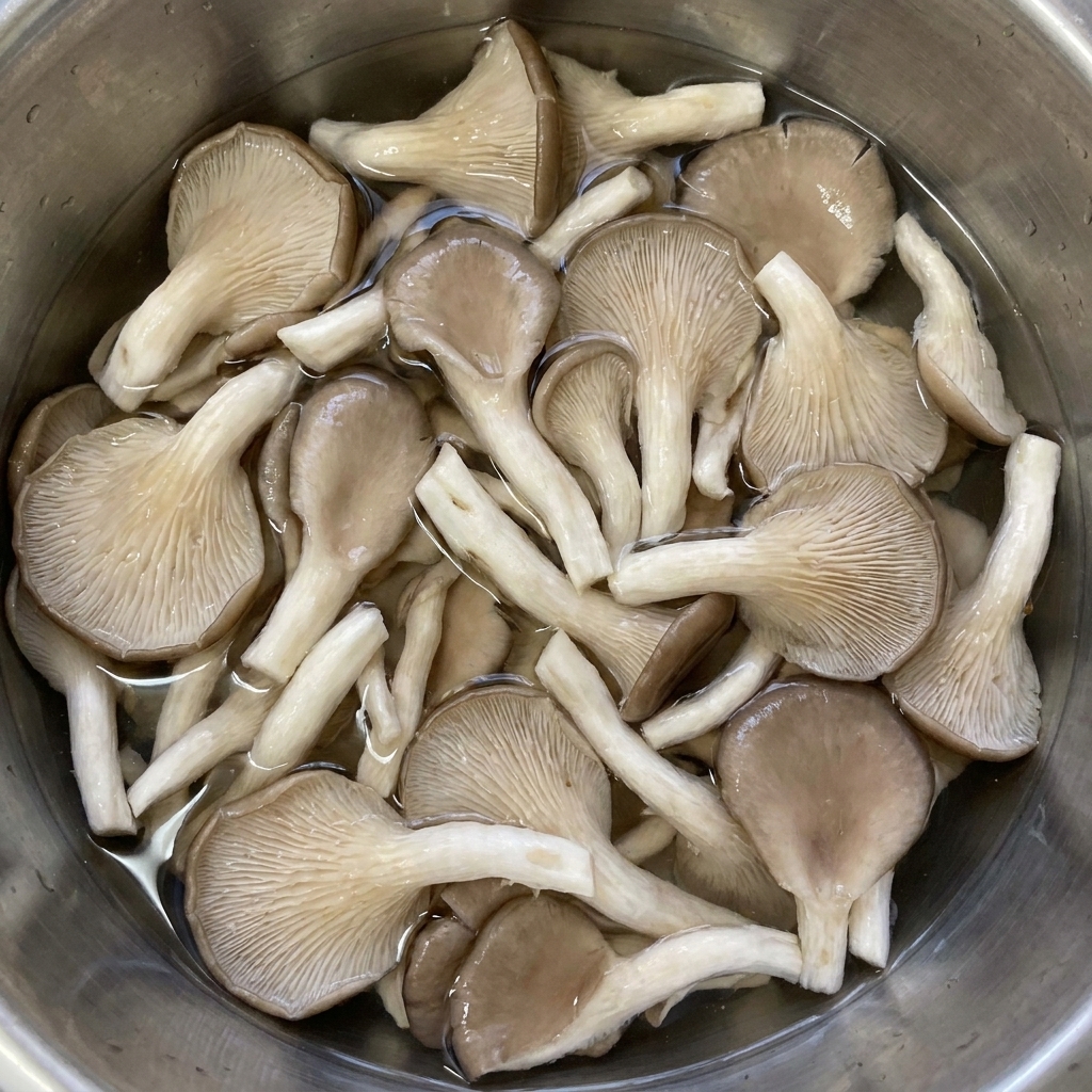 Morceaux de pleurotes fraîches déchirées à la main trempant dans de leau claire au fond dun bol en métal.