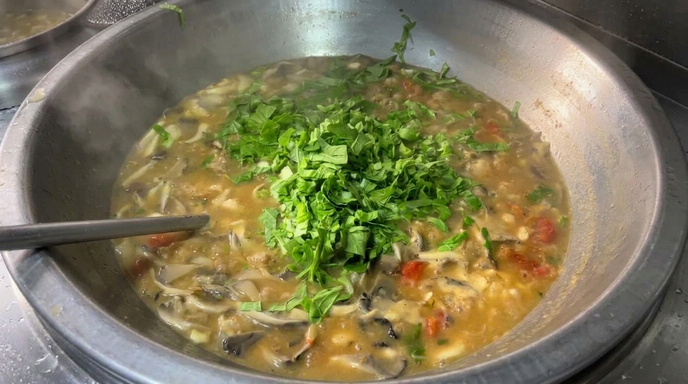 Soupe aux flocons de pâte aux légumes et champignons (Mian Ge Da Tang)